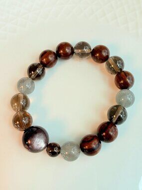 Lepidolite Moonstone Smoky Quartz Bracelet Wood Unisex